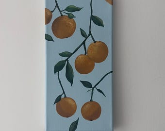 Orange Branch Canvas Painting | Hand-Painted Citrus Wall Art | 6x12 Inch Original Artwork