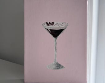 Original Pink Espresso Martini Canvas Painting – 6x8 Acrylic Art, Minimalist Cocktail Decor