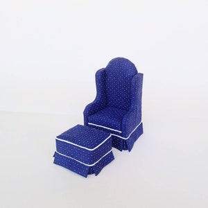 1/12 scale Armchair and Pouf. Dollhouse classical style furniture. Artisan miniature sofa. Victorian dollhouse furniture. Antique dollhouse.