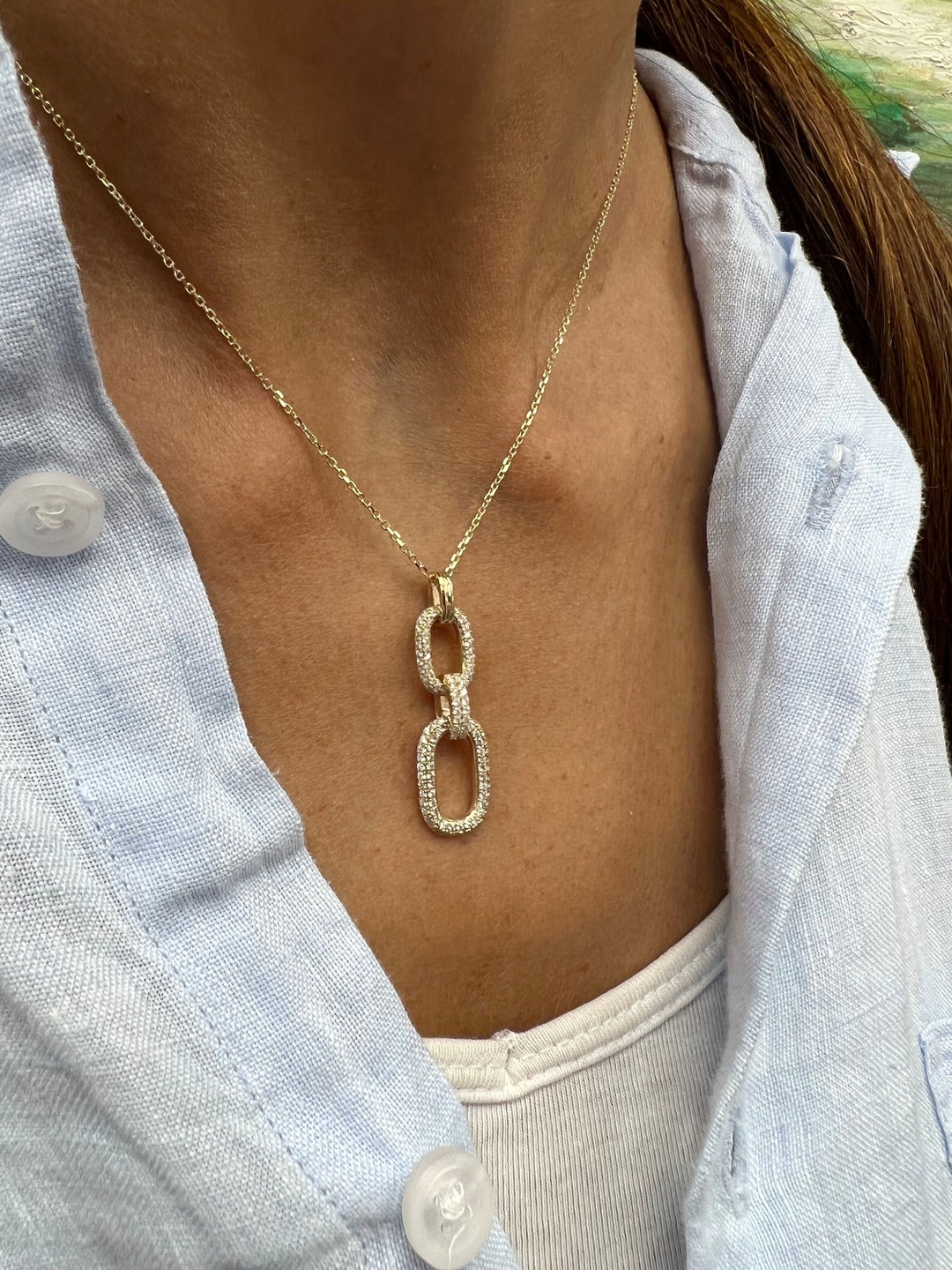 Diamond Necklace, 14k Diamond Paper Clip Pendant, 14k Yellow & White Gold Diamond Paper Clip