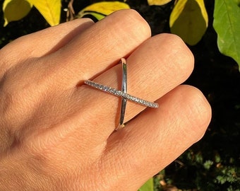 Anillo de oro de 14 k, anillo cruzado, anillo de diamantes X, anillo llamativo, anillo X de oro, anillos X, anillo cruzado, anillo cruzado X, anillo X de oro de 14 k, regalo