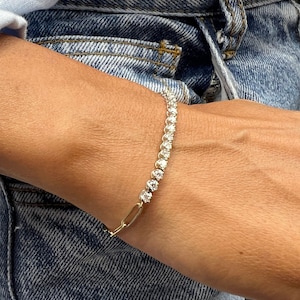 14k Gold Half Tennis Half Paperclip Bracelet, Diamond Bracelet, Statement Bracelet, Gold Bracelet, Bracelet, Link Bracelet, Gift for Her