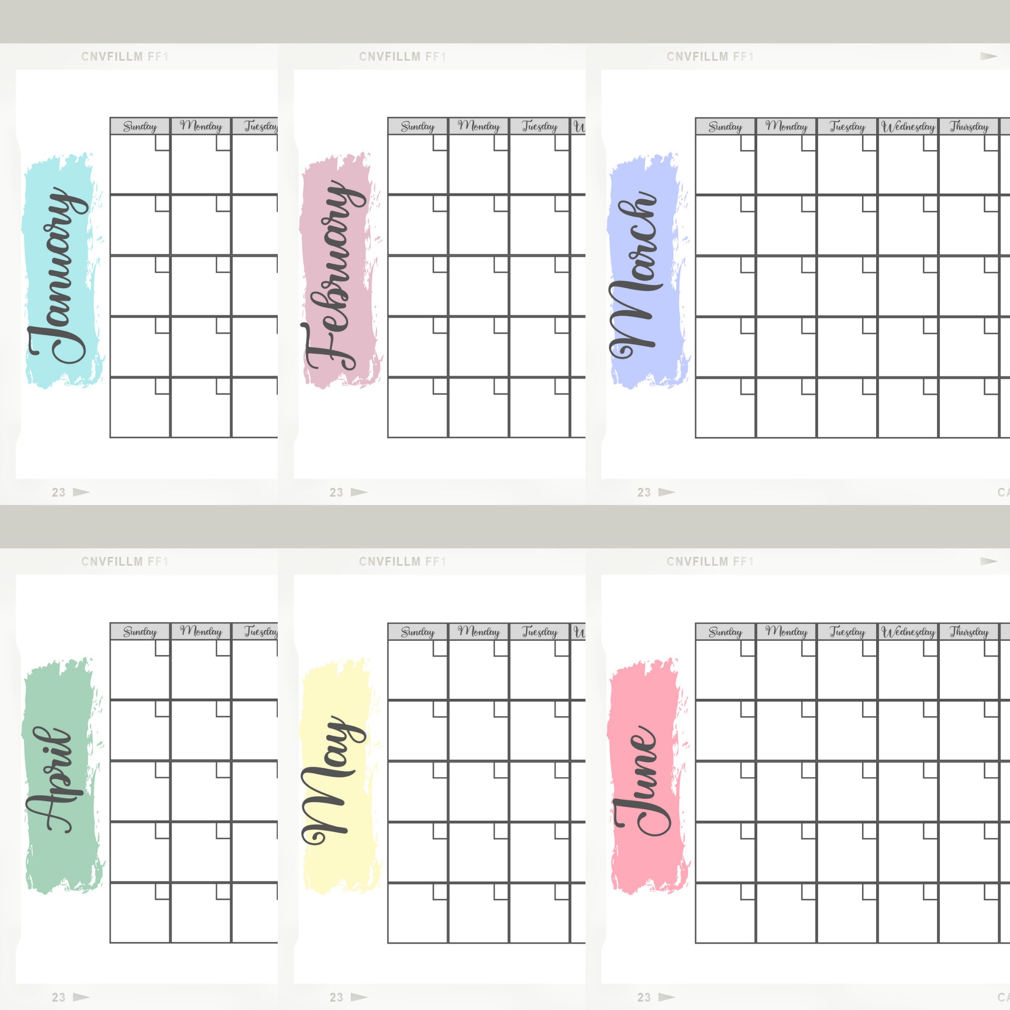 Printable Monthly Calendar, 8.5 X 11, Modern Brush Stoke, 12 Months ...