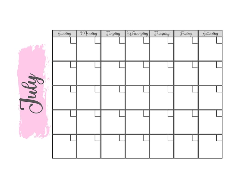 Printable Monthly Calendar, 8.5 X 11, Modern Brush Stoke, 12 Months ...