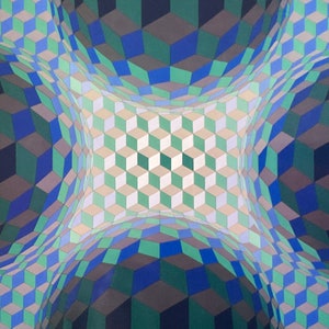 Puede incluir: Patr&oacute;n geom&eacute;trico abstracto con efecto 3D. El patr&oacute;n est&aacute; formado por cuadrados en tonos de azul, verde y gris. Los cuadrados est&aacute;n dispuestos en un patr&oacute;n repetitivo que crea la ilusi&oacute;n de profundidad.