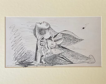 May include: Black and white line drawing of a woman with a large wing, holding a small child. The woman is crying and looking up at the sky. There is a small black circle in the upper right corner of the image.