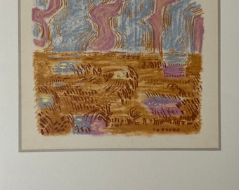 May include: Abstract art print with a landscape scene. The sky is a light blue with purple and pink clouds. The ground is a brown color with small purple and yellow shapes.