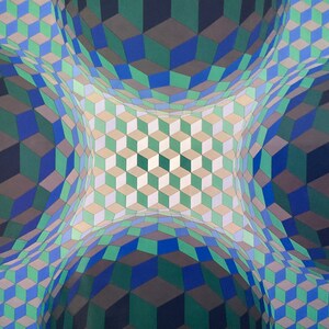 Puede incluir: Patr&oacute;n geom&eacute;trico abstracto con efecto 3D. El patr&oacute;n est&aacute; formado por cuadrados en tonos de azul, verde y gris. Los cuadrados est&aacute;n dispuestos en un patr&oacute;n repetitivo que crea la ilusi&oacute;n de profundidad.
