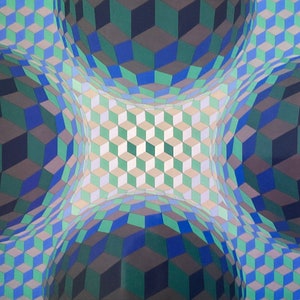 Puede incluir: Patr&oacute;n geom&eacute;trico abstracto con efecto 3D. El patr&oacute;n est&aacute; formado por cuadrados en tonos de azul, verde y gris. Los cuadrados est&aacute;n dispuestos de forma que crean la ilusi&oacute;n de profundidad.