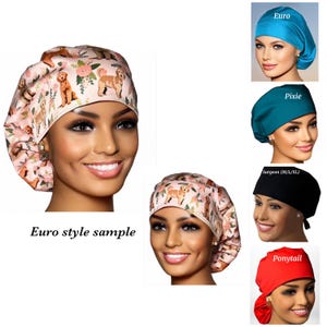May include: A collection of five surgical caps in different styles and colors. The caps are made of a soft, breathable fabric and are designed to be comfortable to wear. The styles include Euro, Pixie, Surgeon, and Ponytail. The colors include blue, teal, black, and red.