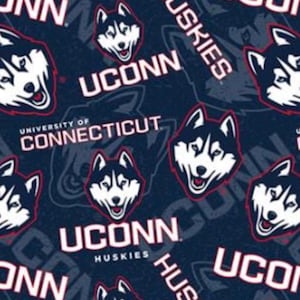May include: Navy blue background with a repeating pattern of the University of Connecticut Huskies logo. The design includes the word "UCONN" in white and red, along with the Husky dog head and the word "Huskies".