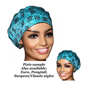 May include: A turquoise blue surgical scrub hat with a black print of medical symbols and the text "PROPOFOL 44 MEDICINE PROPOFOL" repeated. The hat is shown on a model with a pixie haircut. The text "Pixie sample Also available: Euro, Ponytail, Surgeon/Classic styles" is shown below the model.