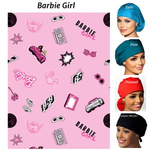 May include: Pink fabric with a repeating pattern of Barbie Girl text, sunglasses, a pink car, a boombox, and a star.  There are five different surgical caps in the image, each with a different color and style. The caps are labeled Euro, Pixie, Ponytail, and Surgeon (M/L/XL).