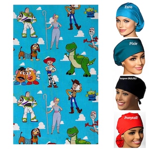 May include: A fabric pattern featuring Toy Story characters including Buzz Lightyear, Woody, Bo Peep, Rex, Slinky Dog, Mr. and Mrs. Potato Head, Forky, and Aliens on a blue background with white clouds, alongside four solid-colored scrub caps labeled Euro, Pixie, Surgeon, and Ponytail.