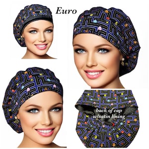 May include: A black and blue surgical cap with a Pac-Man pattern. The cap has a satin lining and is shown on a model. The text "Euro" and "back of cap w/satin lining" are visible in the image.
