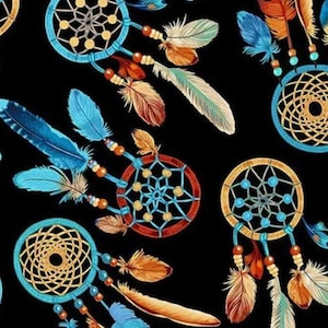 May include: A black background with a repeating pattern of dreamcatchers and feathers. The dreamcatchers are blue, red, and gold with intricate designs. The feathers are blue, orange, and brown.