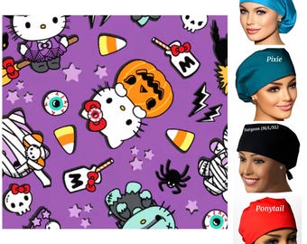Cute Kitty-Halloween Scrub Cap, Ponytail,Pixie,Euro,Surgeon,Cotton or Satin Lined Options. *Please read Item Details/Description