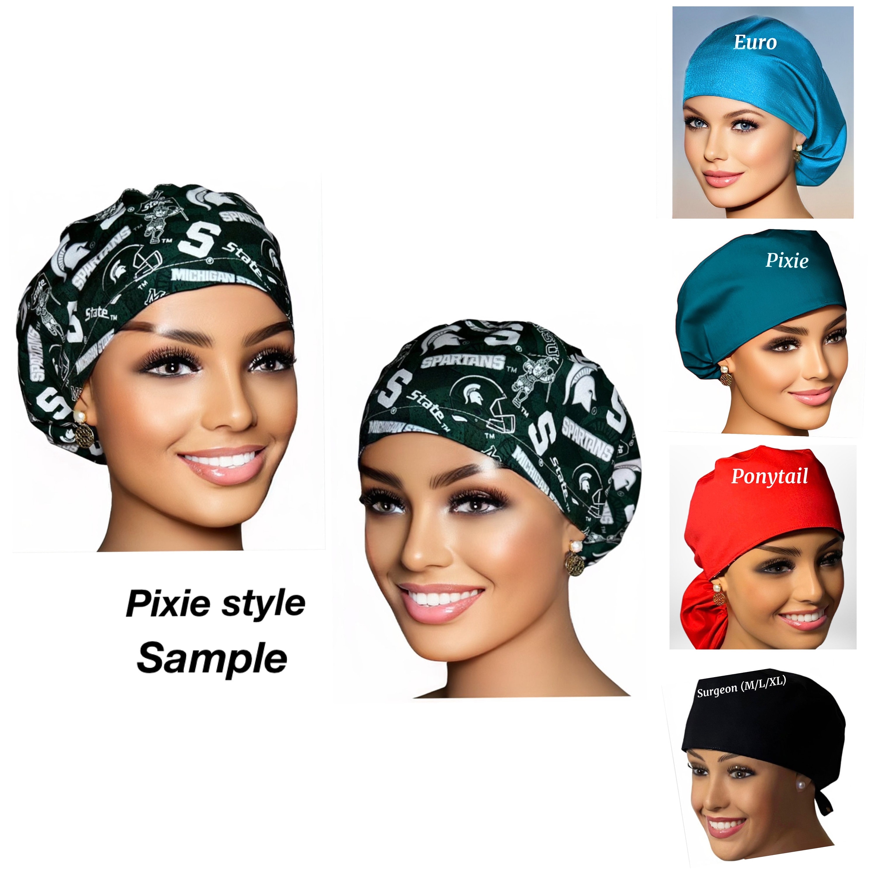 Michigan State University,Spartans, Ponytail,Pixie,Euro,Surgeon, Cotton or Satin Lined Options. *Please read Item Details/Description