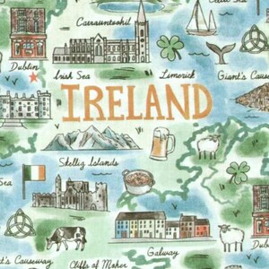 May include: A watercolor illustration of a map of Ireland with various landmarks and symbols. The map features the names of cities like Dublin, Cork, Limerick, and Galway. It also includes iconic landmarks like the Cliffs of Moher, Giant's Causeway, and Skellig Islands. The map is decorated with shamrocks, horses, and other Irish symbols.