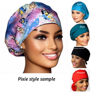 May include: Four different styles of surgical caps, including Euro, Pixie, Surgeon (M/L/XL), and Ponytail. The caps are shown on models with different hair styles. The caps are made of a soft, comfortable fabric and are available in a variety of colors and patterns.
