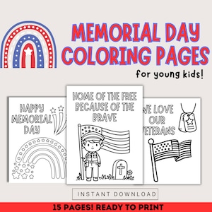 Memorial Day Coloring for Kids, 15 pages, ready to color, instant digital download, printable USA