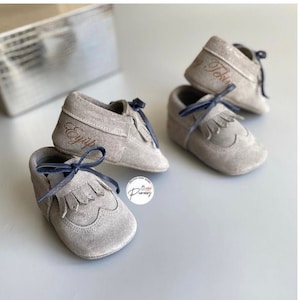 Grey Suede Baby Monde Moccasins, Custom 1st Birthday Shoes, Twins Baby Boy Gift with Personalized