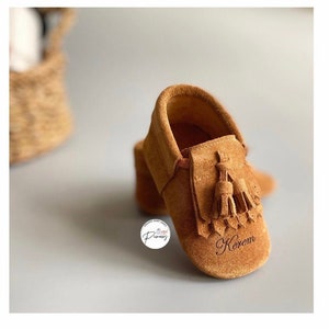 Baby Boy Double Tasseled Leather Moccasins, Soft Sole Suede Baby Shoes, Custom Baby Shower Gift, Personalized 1st Birthday Shoes