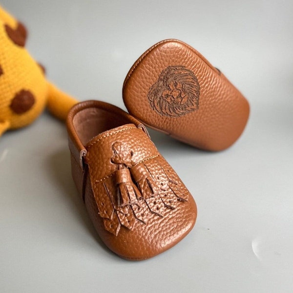 Double Tasseled Leather Moccasins, Soft Sole Baby Boy Shoes, Custom Baby Shower Gift, Personalized 1st Birthday Shoes