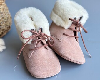 Baby Bootie, Baby Furry Boots, Genuine Lamb Fur Bootie for Baby Boy, Baby Girl Suede Leather Bootie