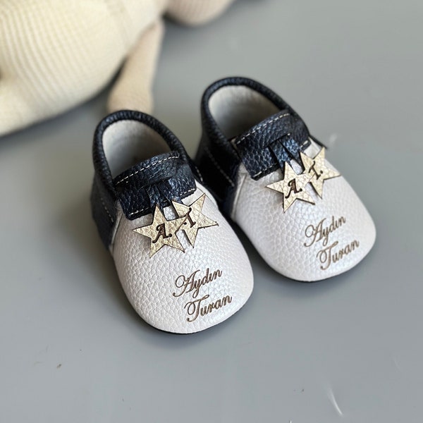 Baby Boy Shoes with Double Color, Soft Sole Baby Moccasins, Personalized 1st Birthday Shoes