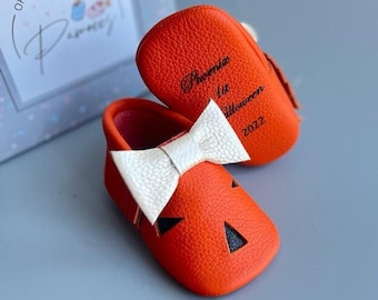 Pebbles Flintstone Baby Girl Orange Leather Moccasins, 1st Birthday Theme Baby Shoes, Halloween Shoe for Baby Girl