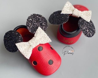 Mickey Mouse Shoe, Custom Baby Girl Moccasin, Personalized 1st Birthday Shoe, Disney Moccasins, Baby Minnie Mouse Schuhe, Baby Shower Gift