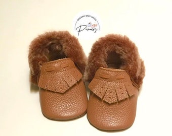 Leather Baby Bootie Moccasins, Soft Sole Baby Shoes with Fur , Custom Baby Shower Gift with Name