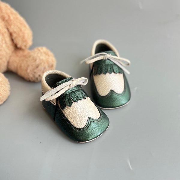 Baby Boy Double Color Genuine Leather Moccasins, Soft Sole Baby Shoes, Custom 1st Birthday Gift, Baby Shower Gift