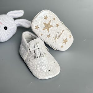 Baby Boy Perforated Moccasins with Tassel, Soft Sole Baby White Leather Shoes with Name, Custom Gift for Baby Boy