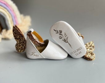 Fly Moccasins with Glitter Wings, Personalized 1st Birthday Baby Girl Shoes, Toddler Girl Shoes with Name, Baby Shower Gift, Baptism