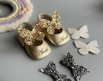 Baby Girl Shoes with Glitter Buckles, Custom Changeable Buckles Baby Shoes Baby Leather Moccasin, Baby Schuhe, 1st Birthday Shoes