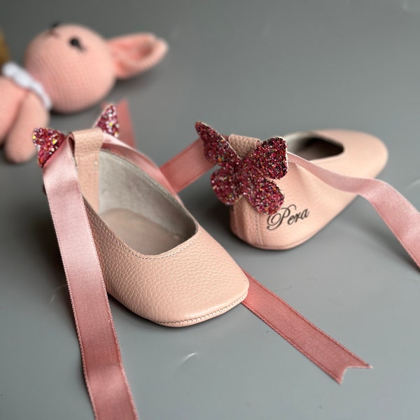 Ballerina Girl Moccasin with Glitter Wing, Personalized 1st Birthday Baby Girl Shoes, Toddler Girl Shoes, Custom Gift for Baby Girl