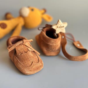 Personalized Baby Boy Suede Moccasins, Custom Name First Birthday Shoes