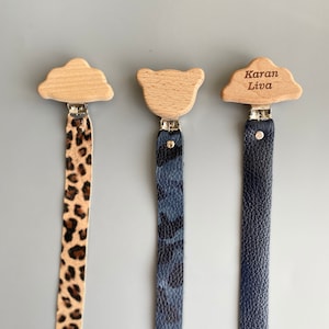 Personalized Leather Pacifier Clip, Organic Wood Clip with Name, Personalized Gifts, Custom pacifier holder, Baby Leather Strap with name