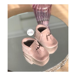 Personalized Baby Girl Pink Suede Moccasins, Soft Sole Tassel Shoes image 3