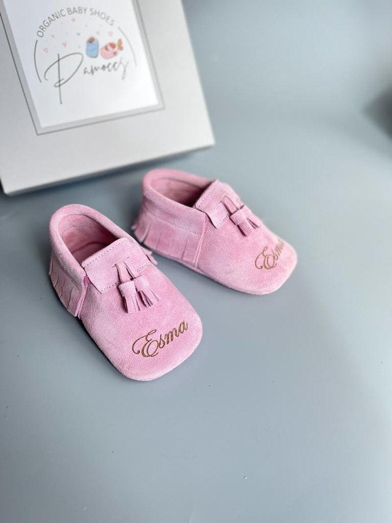 Personalized Baby Girl Pink Suede Moccasins, Soft Sole Tassel Shoes Pink Suede