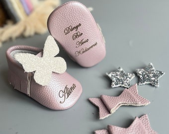 Baby Girl Glitter Moccasins, Leather Baby Shoes with Buckles, Baby Schuhe, Custom Baby Girl Gift, Personalized Minnie Mouse Shoes