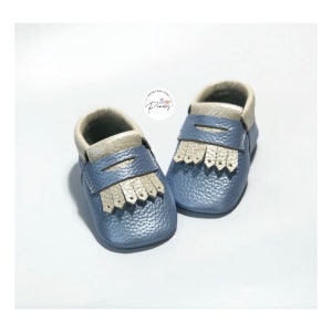 Baby Boy Blue Leather Lord Moccasins, Soft Sole Baby Shoes with Name, Custom Baby Shower Gift