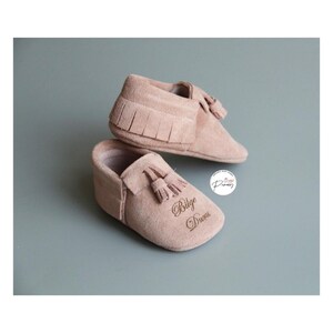 Personalized Baby Girl Pink Suede Moccasins, Soft Sole Tassel Shoes image 4