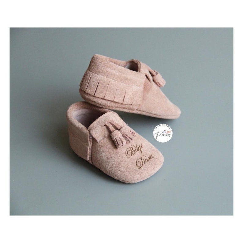 Personalized Baby Girl Pink Suede Moccasins, Soft Sole Tassel Shoes image 4