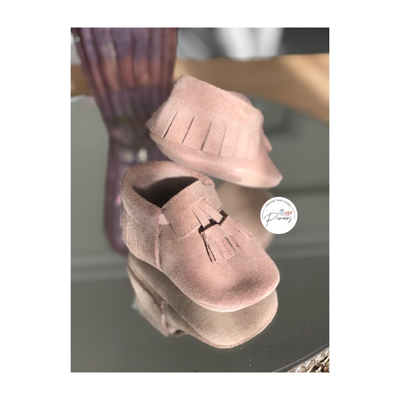 Personalized Baby Girl Pink Suede Moccasins, Soft Sole Tassel Shoes Powder Pink Suede
