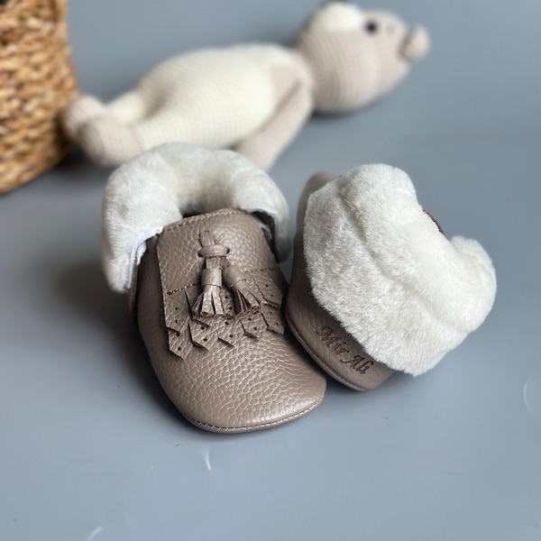 Christmas Shoe for Baby Boy, Double Tasseled Leather Moccasins, Soft Sole Baby Boy Bootie, Custom Baby Shower Gift, 1st Birthday Shoes