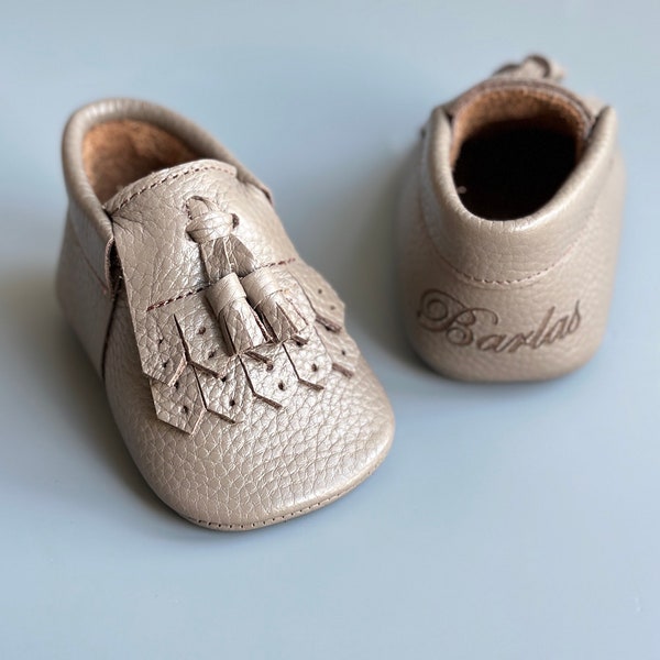 Baby Boy Double Tasseled Leather Moccasins, Soft Sole Suede Baby Shoes, Custom Baby Shower Gift, Personalized 1st Birthday Shoes