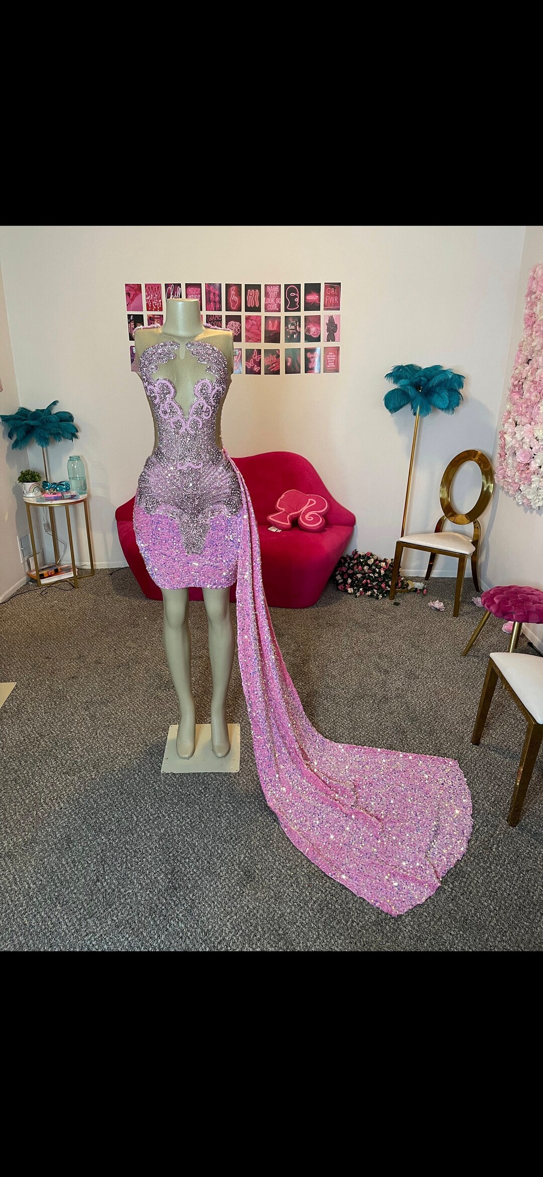 Sequin Rhinestone Dress With Side Train Etsy